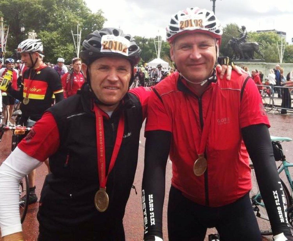 Cyclists at RideLondon-Surrey 100 2014 with medals