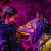 A young boy interacts with an arctic wolf puppet A mother and her young son walk through the Winter Cathedral at Chester Zoo's Lanterns and Light