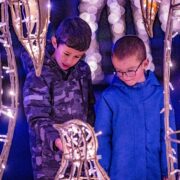 Two young boys look at the pea lit animals at Chester Zoo's Lanterns and Light
