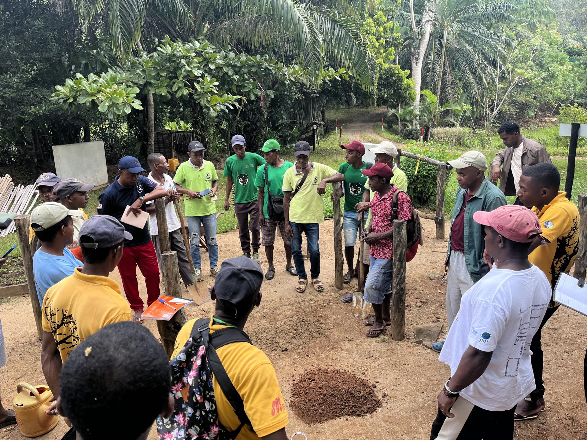 A group of people standing around a patch of earth, listening to someone instructing them in nursery work