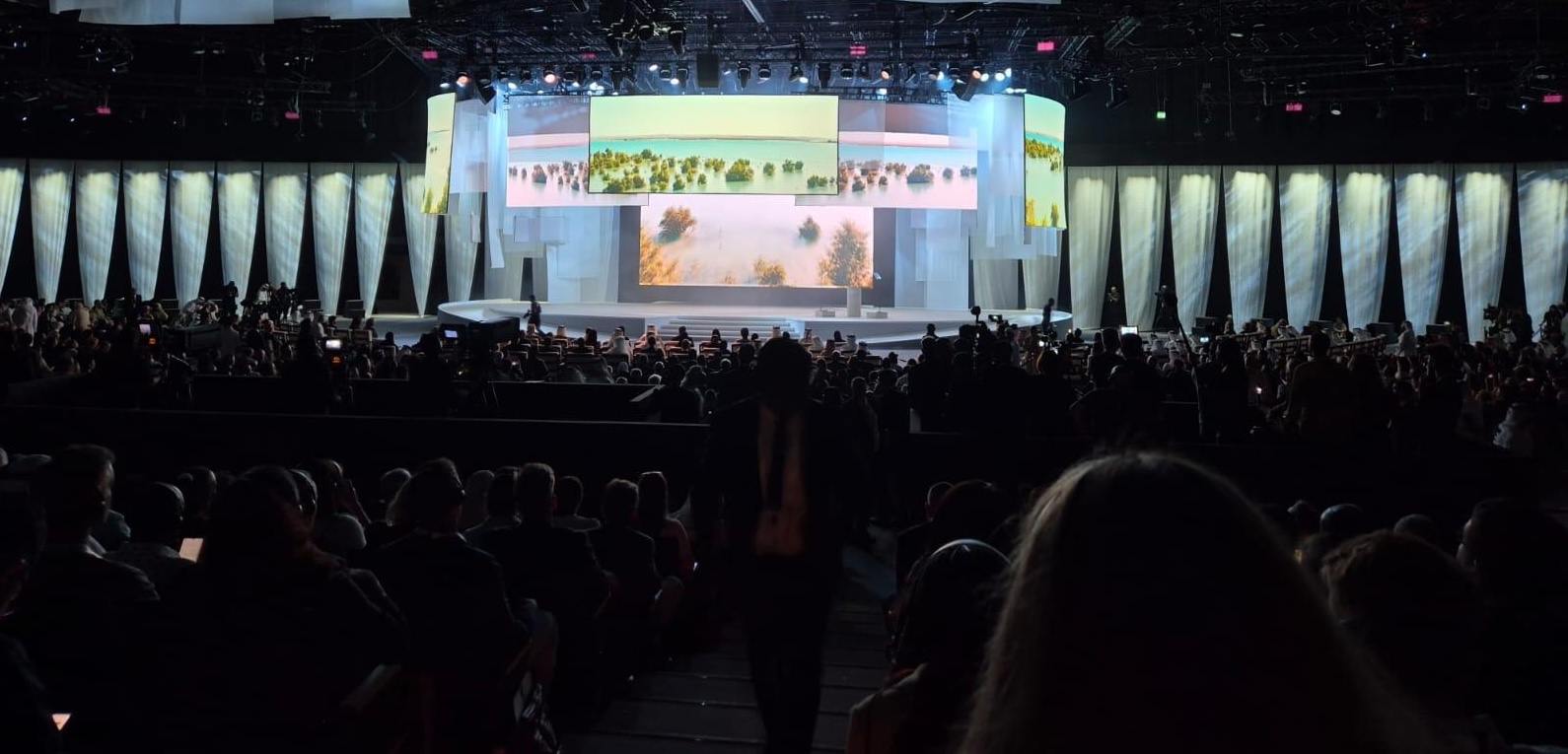 A crowded conference hall. It's dark, except for the brightly lit stage covered in screens showing nature scenes