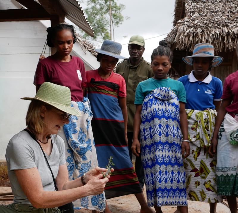 Photo shows a botannical specialist speaking with Agnalazaha villages during a demonstration